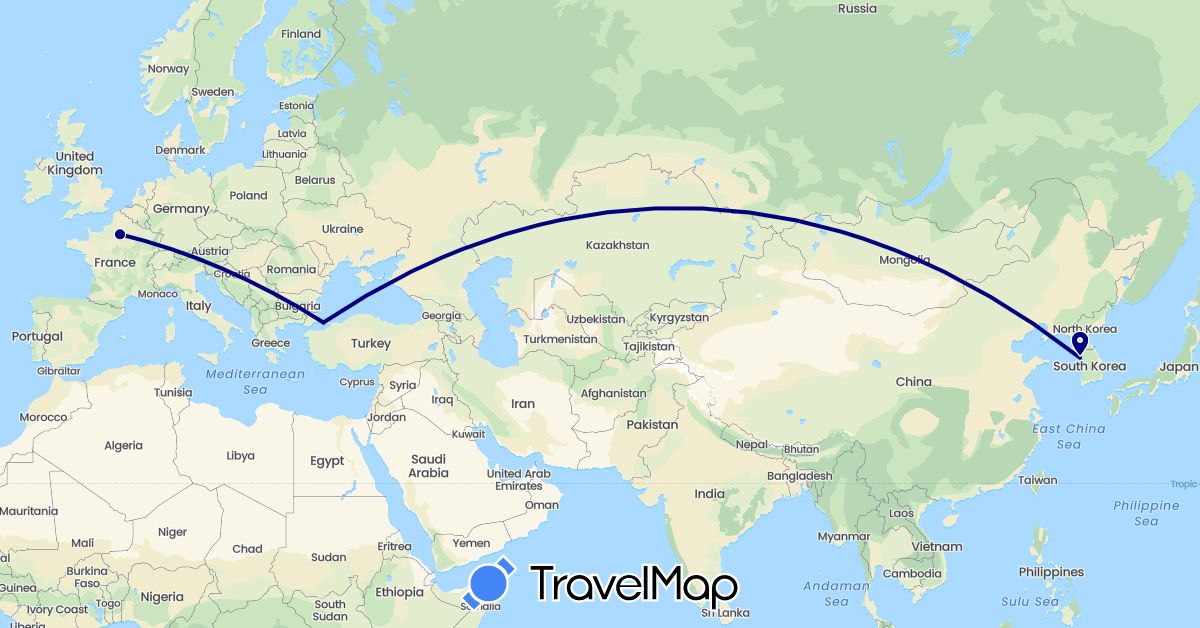 TravelMap itinerary: driving in France, South Korea, Turkey (Asia, Europe)